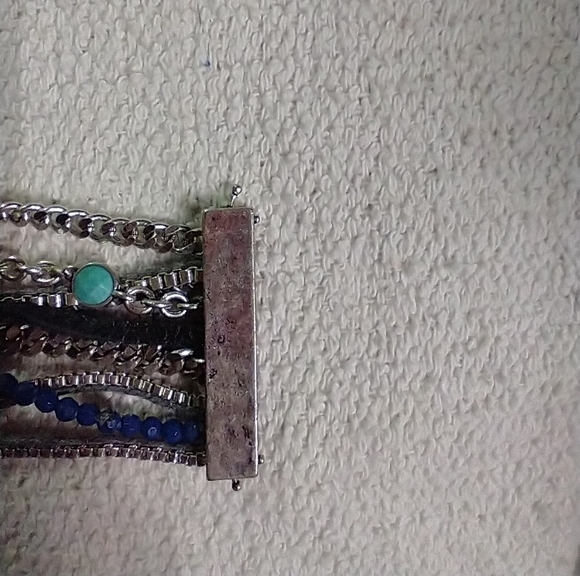 Silvertone blue black wide multi layer chain bracelet - Picture 7 of 9